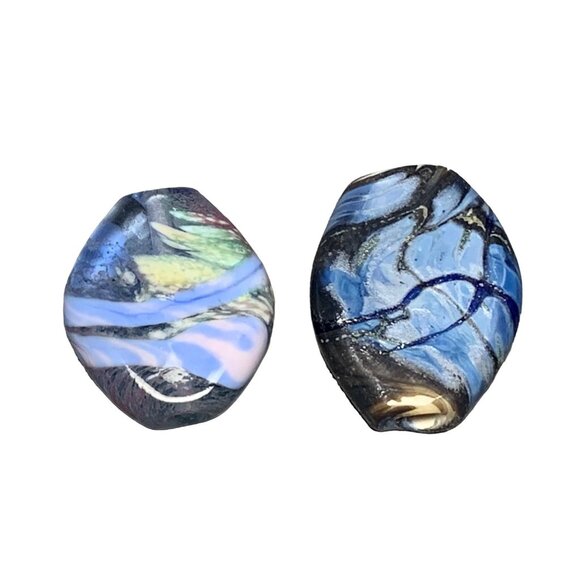 Handmade Abstract Lampwork Glass Beads Set of 2 Unique Blue & Multicolor Design - Picture 1 of 6